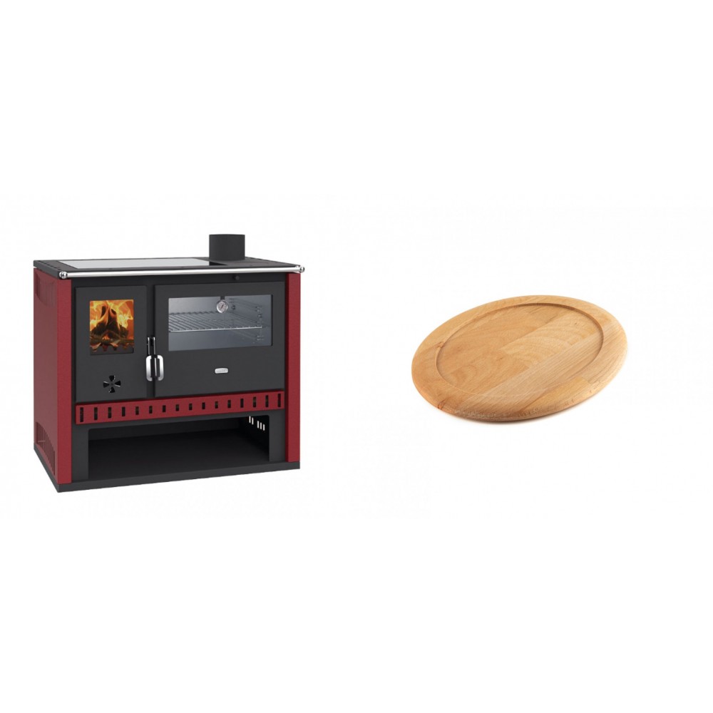 Set Küchenofen / Küchenhexe Prity GT Rot, mit Edelstahl-Backofen und Glaskeramik-Kochfeld, 15 kW + Holz untersetzer für ovale gusseisenpfanne Solagio HSFT1825