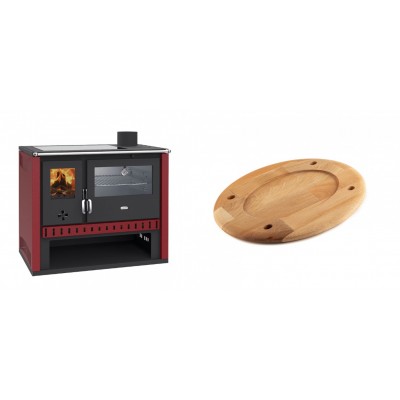 Set Küchenofen / Küchenhexe Prity GT Rot, mit Edelstahl-Backofen und Glaskeramik-Kochfeld, 15 kW + Holz untersetzer für ovale platte Solagio HSOISK2533, 25x33cm - Kaminofen - Holzofen mit Backfach