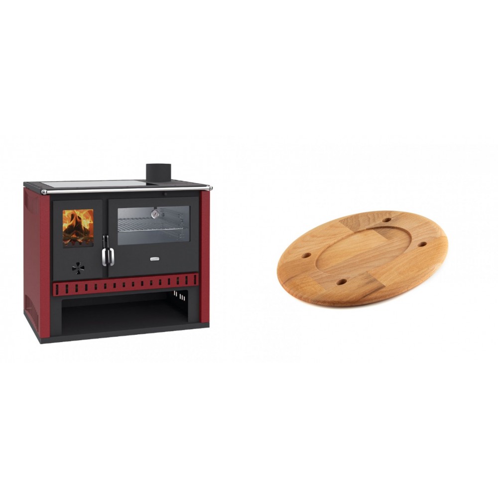 Set Küchenofen / Küchenhexe Prity GT Rot, mit Edelstahl-Backofen und Glaskeramik-Kochfeld, 15 kW + Holz untersetzer für ovale platte Solagio HSOISK1728, 17x28cm | Kaminofen - Holzofen mit Backfach | Kaminofen |