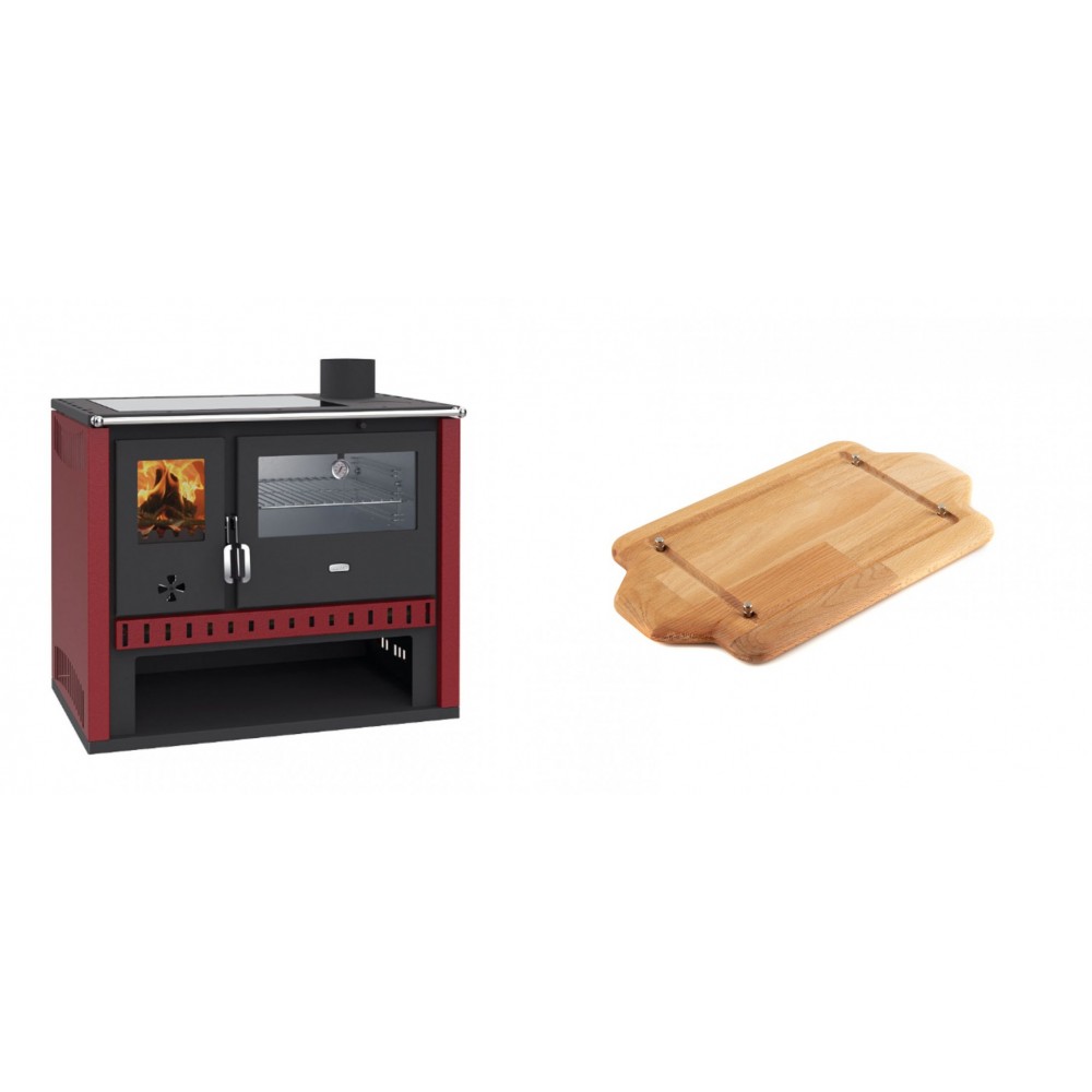 Set Küchenofen / Küchenhexe Prity GT Rot, mit Edelstahl-Backofen und Glaskeramik-Kochfeld, 15 kW + Holz untersetzer für mini-gusseisenplatte Solagio HSDDHP1522 | Kaminofen - Holzofen mit Backfach | Kaminofen |