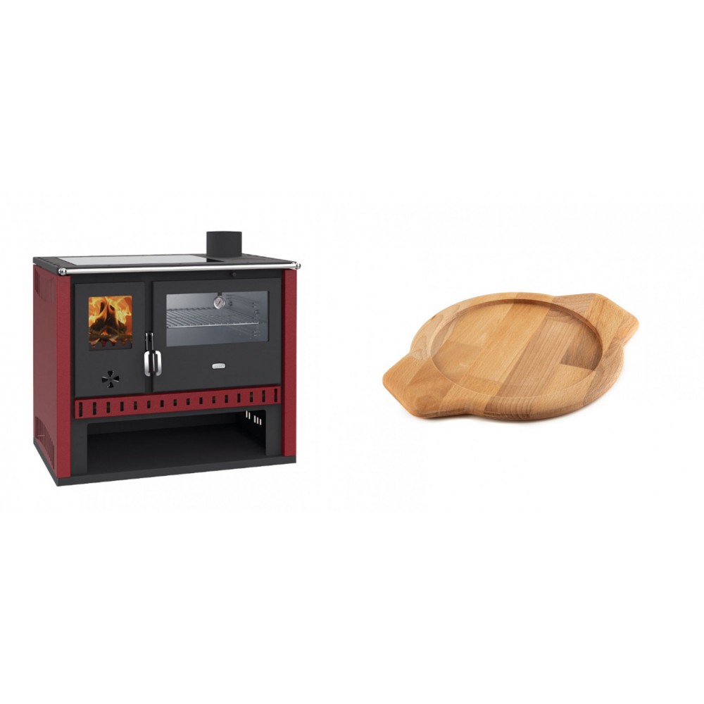 Set Küchenofen / Küchenhexe Prity GT Rot, mit Edelstahl-Backofen und Glaskeramik-Kochfeld, 15 kW + Holz untersetzer für gusseisenschüssel Solagio HSYKTV22