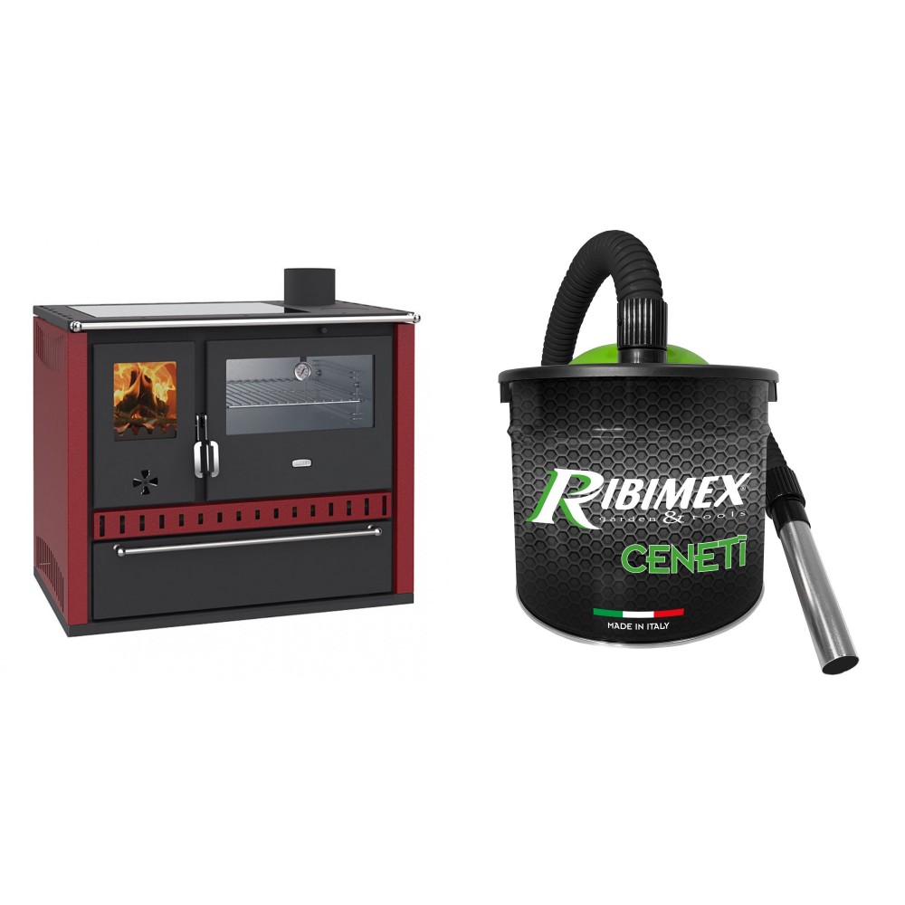 Set Küchenofen / Küchenhexe Prity GT Rot, mit Edelstahl-Backofen, Glaskeramik-Kochfeld und Schublade, 15 kW + Elektrischer Aschesauger Ribimex, Modell Cenetì, Fassungsvermögen 15 L | Kaminofen - Holzofen mit Backfach | Kaminofen |