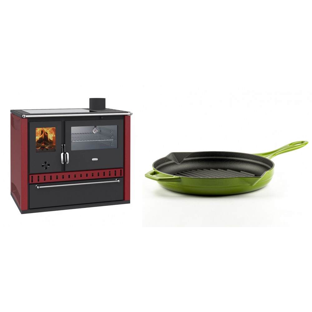 Set Küchenofen / Küchenhexe Prity GT Rot, mit Edelstahl-Backofen, Glaskeramik-Kochfeld und Schublade, 15 kW + Emaillierte grillpfanne Gusseisen Solagio, Bamboo, Ф28cm | Kaminofen - Holzofen mit Backfach | Kaminofen |