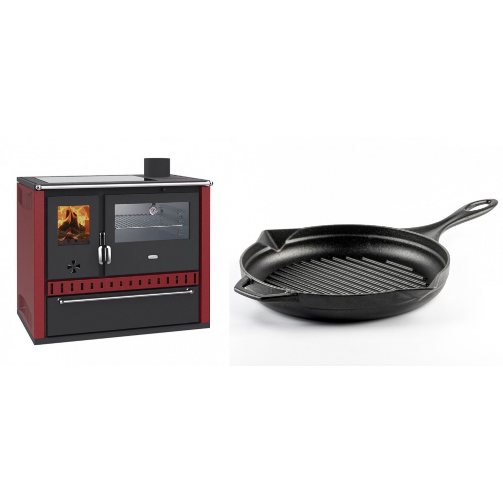 Set Küchenofen / Küchenhexe Prity GT Rot, mit Edelstahl-Backofen, Glaskeramik-Kochfeld und Schublade, 15 kW + Emaillierte grillpfanne Gusseisen Solagio, Black Onyx, Ф28cm