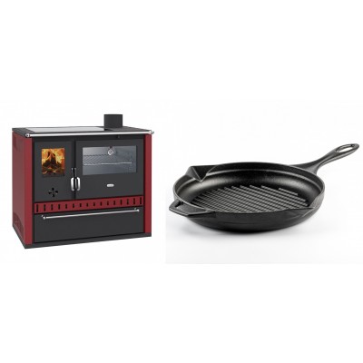 Set Küchenofen / Küchenhexe Prity GT Rot, mit Edelstahl-Backofen, Glaskeramik-Kochfeld und Schublade, 15 kW + Emaillierte grillpfanne Gusseisen Solagio, Black Onyx, Ф28cm - Kaminofen - Holzofen mit Backfach