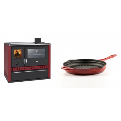 Set Küchenofen / Küchenhexe Prity GT Rot, mit Edelstahl-Backofen, Glaskeramik-Kochfeld und Schublade, 15 kW + Emaillierte grillpfanne Gusseisen Solagio, Rubin, Ф24cm - Kaminofen - Holzofen mit Backfach