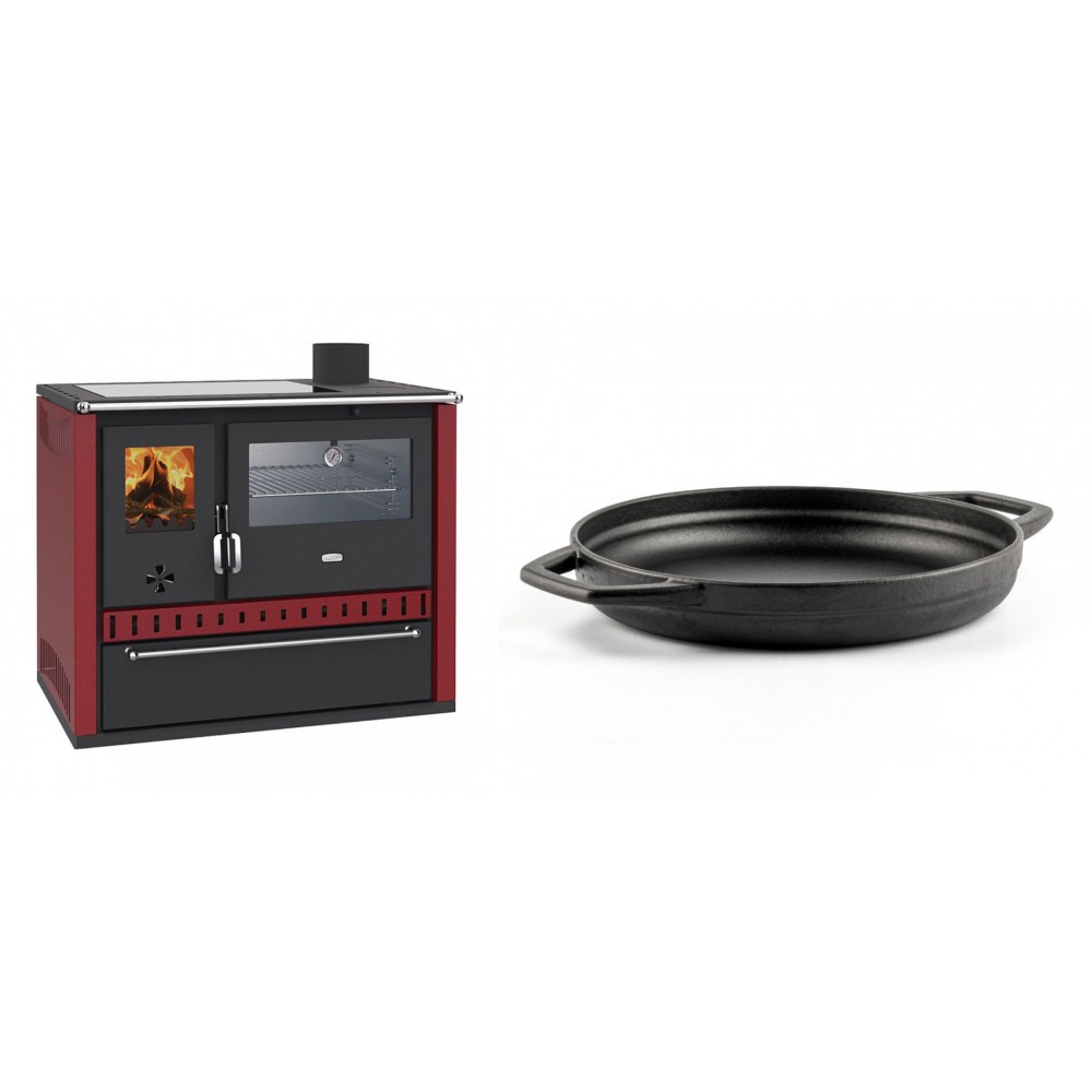 Set Küchenofen / Küchenhexe Prity GT Rot, mit Edelstahl-Backofen, Glaskeramik-Kochfeld und Schublade, 15 kW + Emaillierte gusseisenpfanne mit zwei Griffen Solagio, Black Onyx, Ф22cm