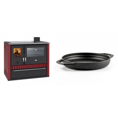 Set Küchenofen / Küchenhexe Prity GT Rot, mit Edelstahl-Backofen, Glaskeramik-Kochfeld und Schublade, 15 kW + Emaillierte gusseisenpfanne mit zwei Griffen Solagio, Black Onyx, Ф22cm - Kaminofen - Holzofen mit Backfach