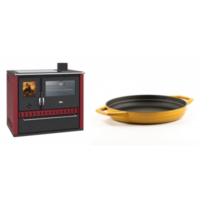 Set Küchenofen / Küchenhexe Prity GT Rot, mit Edelstahl-Backofen, Glaskeramik-Kochfeld und Schublade, 15 kW + Emaillierte gusseisenpfanne mit zwei Griffen Solagio, Dijon, Ф22cm - Kaminofen - Holzofen mit Backfach