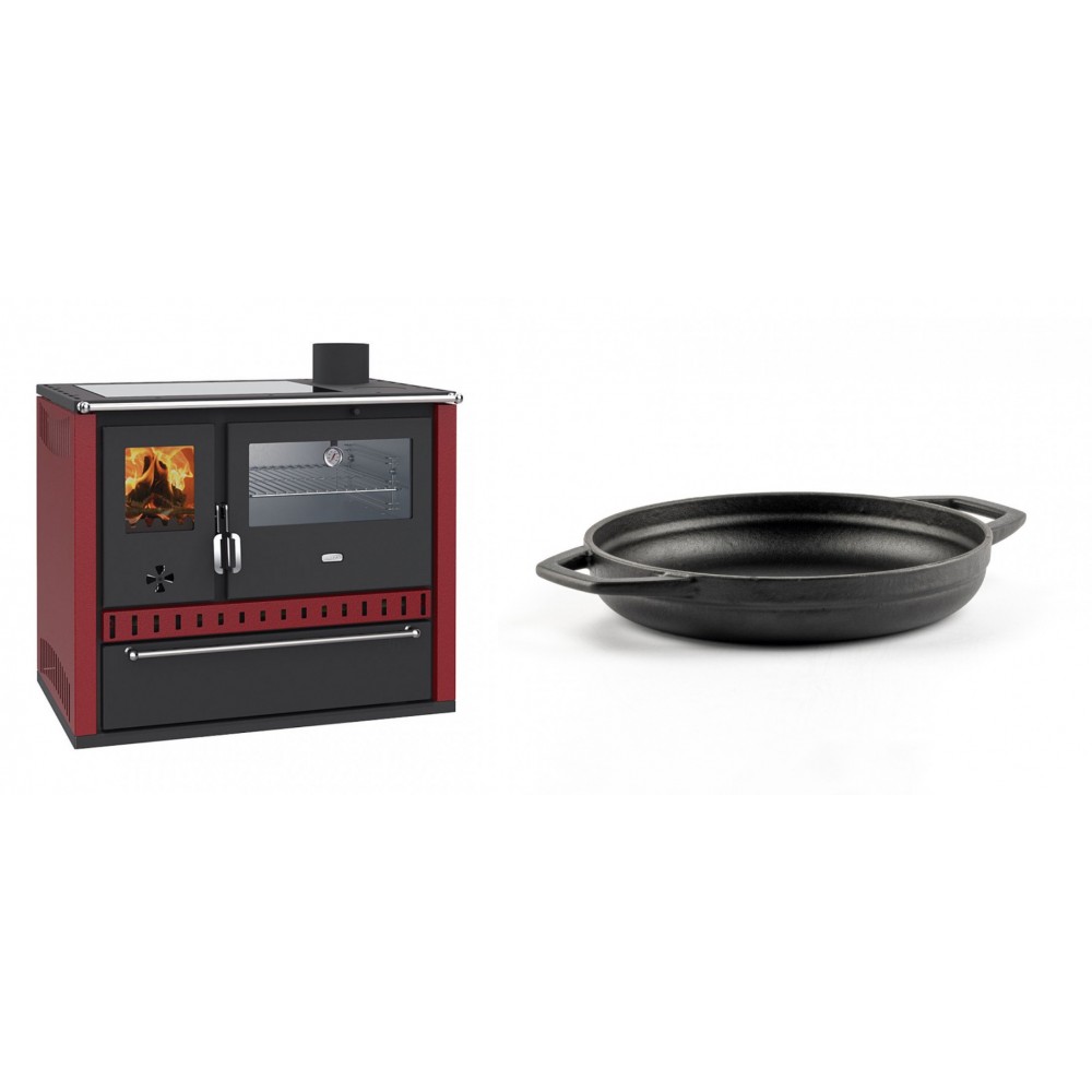 Set Küchenofen / Küchenhexe Prity GT Rot, mit Edelstahl-Backofen, Glaskeramik-Kochfeld und Schublade, 15 kW + Emaillierte gusseisenpfanne mit zwei Griffen Solagio, Black Onyx, Ф19cm | Kaminofen - Holzofen mit Backfach | Kaminofen |