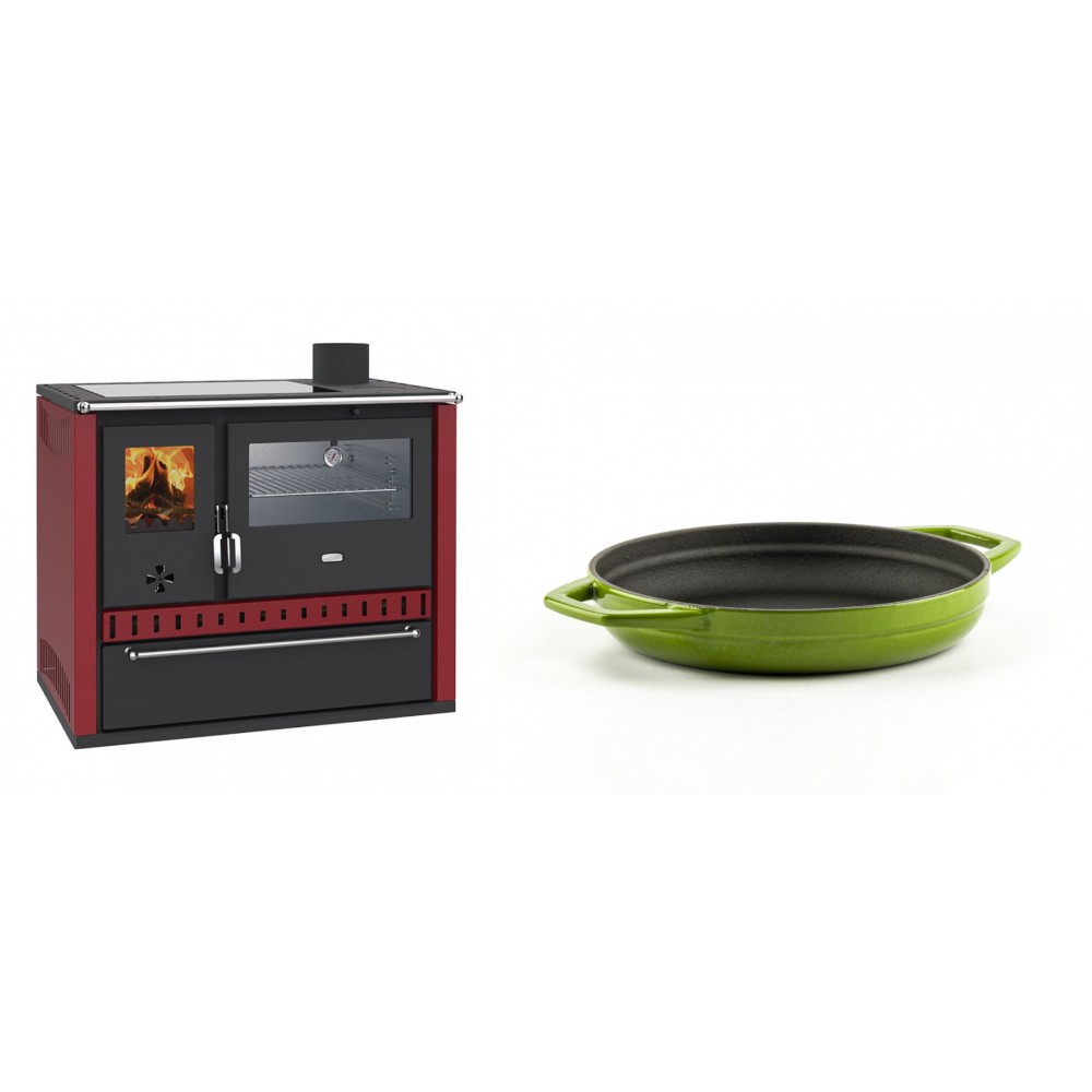 Set Küchenofen / Küchenhexe Prity GT Rot, mit Edelstahl-Backofen, Glaskeramik-Kochfeld und Schublade, 15 kW + Emaillierte gusseisenpfanne mit zwei Griffen Solagio, Bamboo, Ф19cm | Kaminofen - Holzofen mit Backfach | Kaminofen |