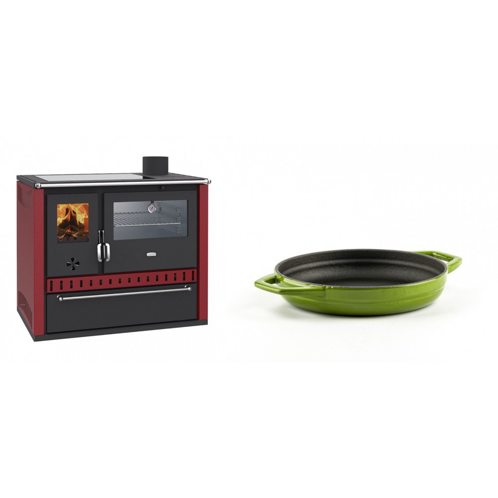 Set Küchenofen / Küchenhexe Prity GT Rot, mit Edelstahl-Backofen, Glaskeramik-Kochfeld und Schublade, 15 kW + Emaillierte gusseisenpfanne mit zwei Griffen Solagio, Bamboo, Ф16cm