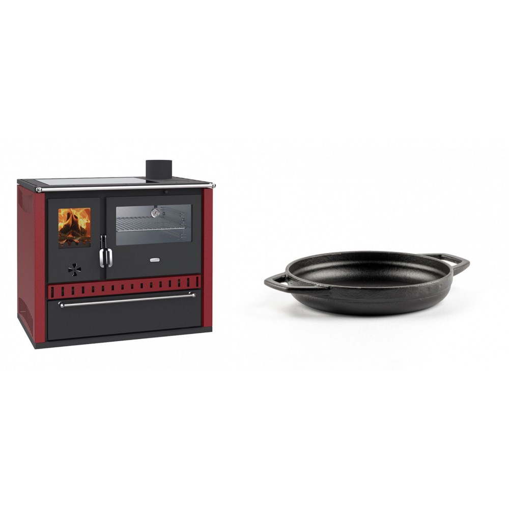 Set Küchenofen / Küchenhexe Prity GT Rot, mit Edelstahl-Backofen, Glaskeramik-Kochfeld und Schublade, 15 kW + Emaillierte gusseisenpfanne mit zwei Griffen Solagio, Black Onyx, Ф16cm