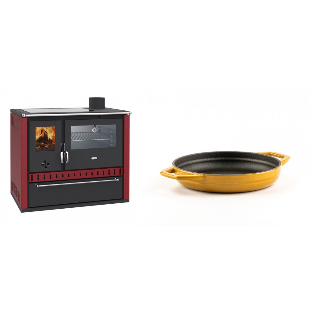 Set Küchenofen / Küchenhexe Prity GT Rot, mit Edelstahl-Backofen, Glaskeramik-Kochfeld und Schublade, 15 kW + Emaillierte gusseisenpfanne mit zwei Griffen Solagio, Dijon, Ф16cm | Kaminofen - Holzofen mit Backfach | Kaminofen |