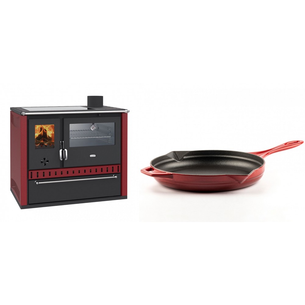 Set Küchenofen / Küchenhexe Prity GT Rot, mit Edelstahl-Backofen, Glaskeramik-Kochfeld und Schublade, 15 kW + Emaillierte Gusseisenpfanne Solagio, Rubin, Ф28cm