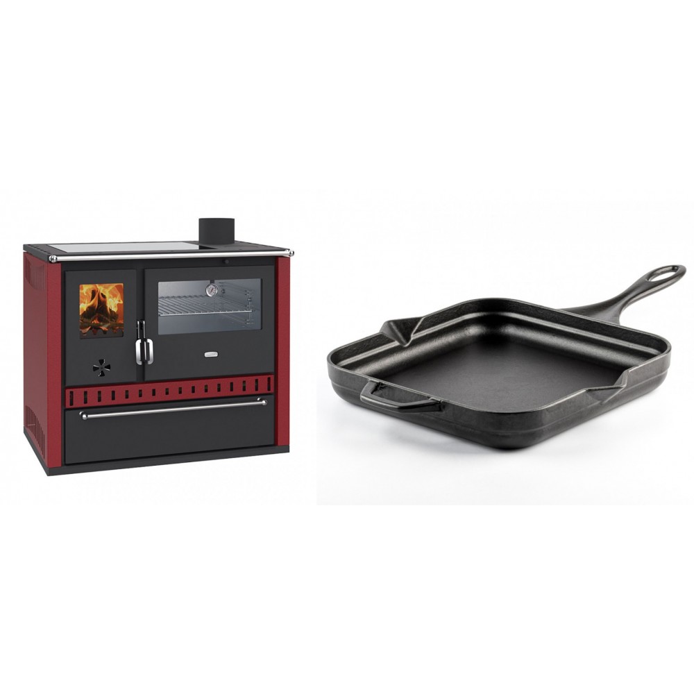 Set Küchenofen / Küchenhexe Prity GT Rot, mit Edelstahl-Backofen, Glaskeramik-Kochfeld und Schublade, 15 kW + Emaillierte Gusseisenpfanne Solagio, Black Onyx, 28x28cm