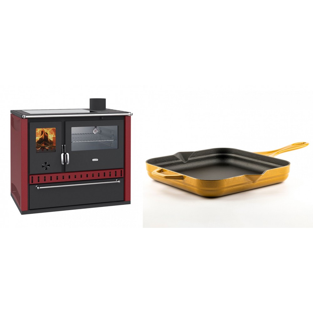 Set Küchenofen / Küchenhexe Prity GT Rot, mit Edelstahl-Backofen, Glaskeramik-Kochfeld und Schublade, 15 kW + Emaillierte Gusseisenpfanne Solagio, Dijon, 28x28cm