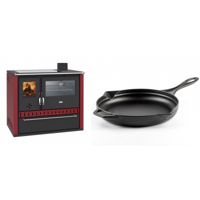 Set Küchenofen / Küchenhexe Prity GT Rot, mit Edelstahl-Backofen, Glaskeramik-Kochfeld und Schublade, 15 kW + Emaillierte Gusseisenpfanne Solagio, Black Onyx, Ф28cm - Kaminofen - Holzofen mit Backfach