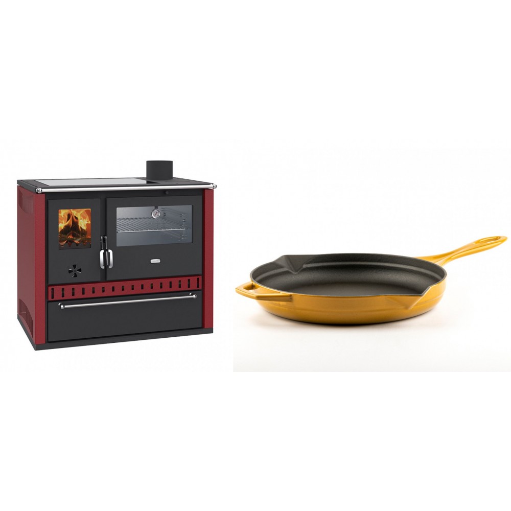 Set Küchenofen / Küchenhexe Prity GT Rot, mit Edelstahl-Backofen, Glaskeramik-Kochfeld und Schublade, 15 kW + Emaillierte Gusseisenpfanne Solagio, Dijon, Ф28cm | Kaminofen - Holzofen mit Backfach | Kaminofen |