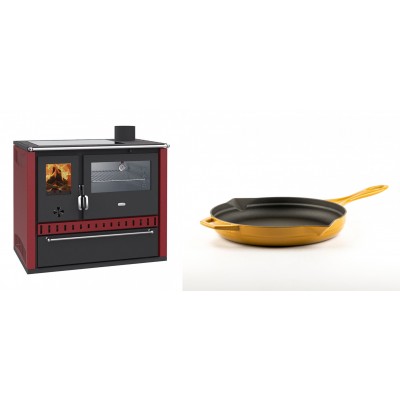 Set Küchenofen / Küchenhexe Prity GT Rot, mit Edelstahl-Backofen, Glaskeramik-Kochfeld und Schublade, 15 kW + Emaillierte Gusseisenpfanne Solagio, Dijon, Ф24cm - Kaminofen - Holzofen mit Backfach