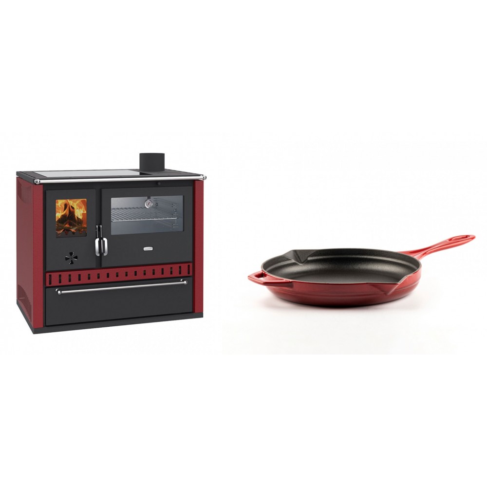 Set Küchenofen / Küchenhexe Prity GT Rot, mit Edelstahl-Backofen, Glaskeramik-Kochfeld und Schublade, 15 kW + Emaillierte Gusseisenpfanne Solagio, Rubin, Ф24cm | Kaminofen - Holzofen mit Backfach | Kaminofen |