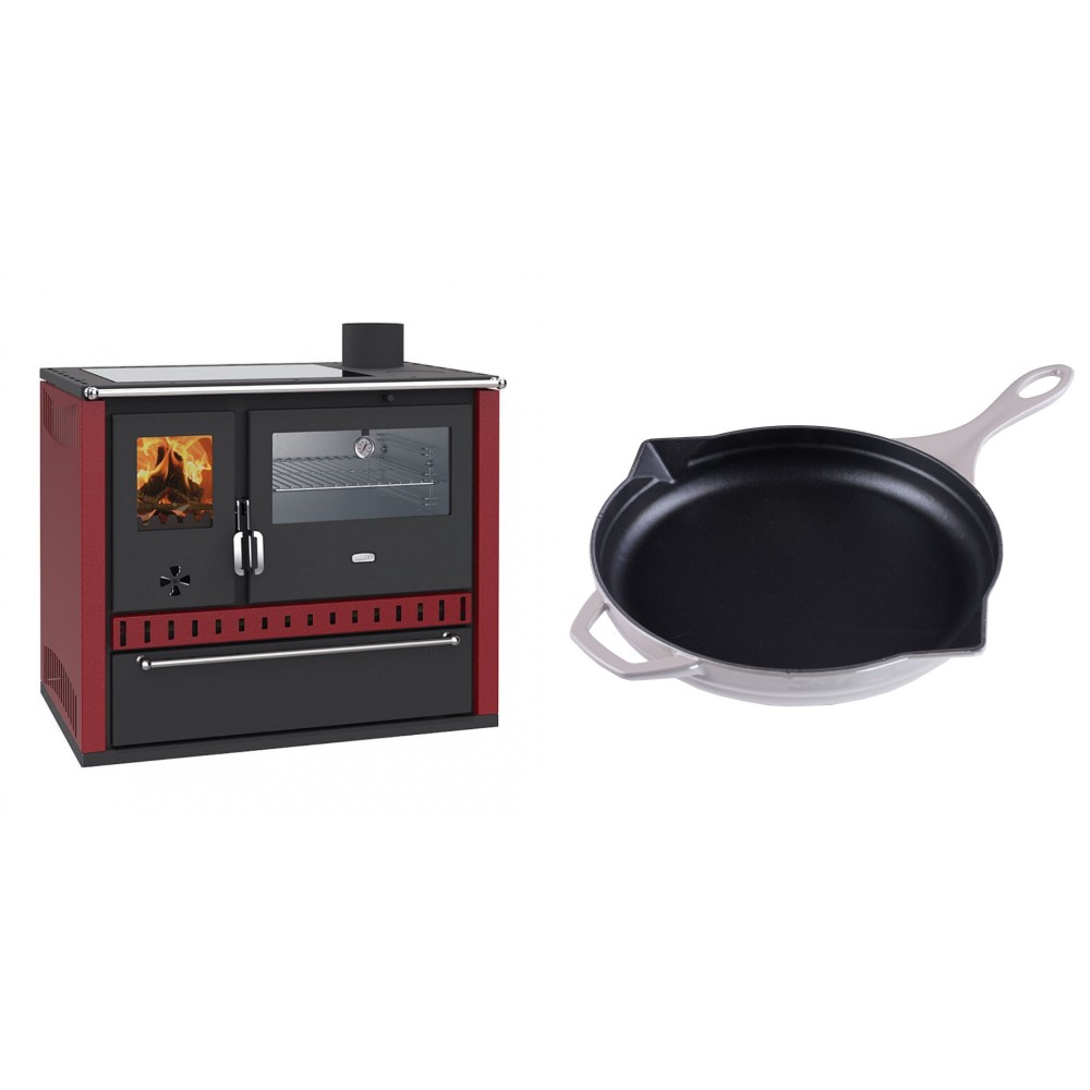 Set Küchenofen / Küchenhexe Prity GT Rot, mit Edelstahl-Backofen, Glaskeramik-Kochfeld und Schublade, 15 kW + Emaillierte Gusseisenpfanne Solagio, Ivory, Ф28cm | Kaminofen - Holzofen mit Backfach | Kaminofen |