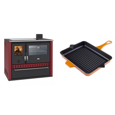 Set Küchenofen / Küchenhexe Prity GT Rot, mit Edelstahl-Backofen, Glaskeramik-Kochfeld und Schublade, 15 kW + Emaillierte grillpfanne Gusseisen Solagio, Dijon, 26x32cm - Kaminofen - Holzofen mit Backfach