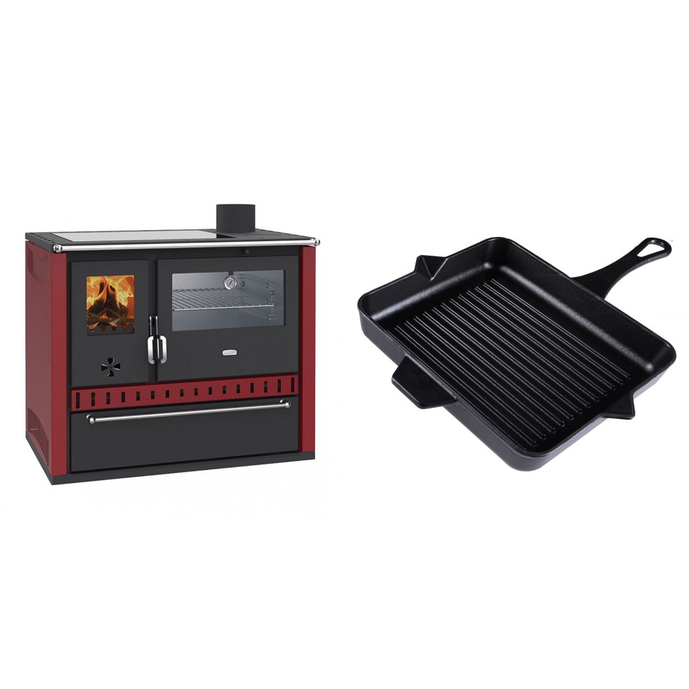 Set Küchenofen / Küchenhexe Prity GT Rot, mit Edelstahl-Backofen, Glaskeramik-Kochfeld und Schublade, 15 kW + Emaillierte grillpfanne Gusseisen Solagio, Black Onyx, 26x32cm | Kaminofen - Holzofen mit Backfach | Kaminofen |