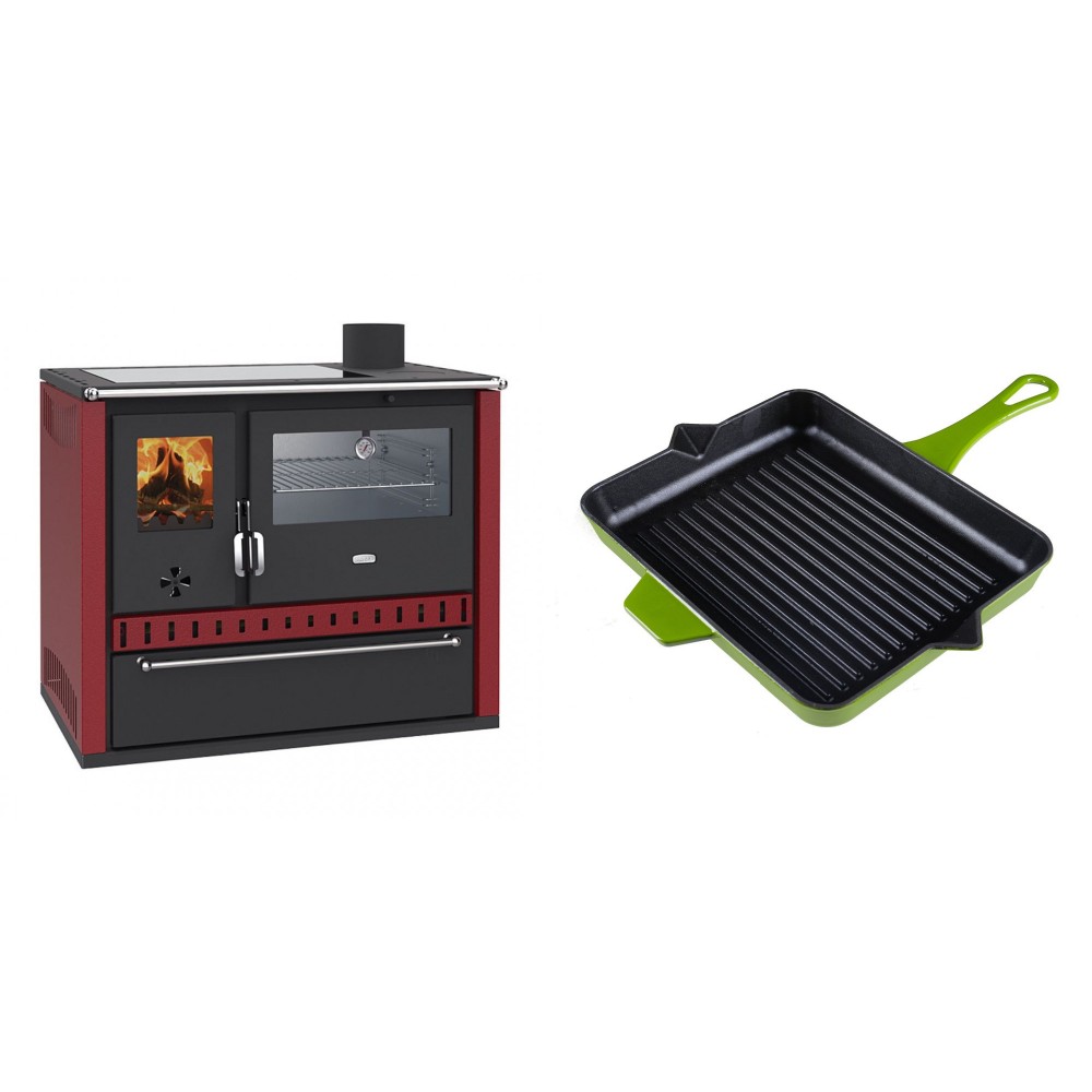 Set Küchenofen / Küchenhexe Prity GT Rot, mit Edelstahl-Backofen, Glaskeramik-Kochfeld und Schublade, 15 kW + Emaillierte grillpfanne Gusseisen Solagio, Bamboo, 26x32cm