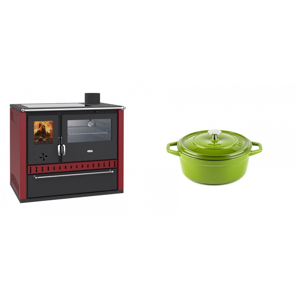 Set Küchenofen / Küchenhexe Prity GT Rot, mit Edelstahl-Backofen, Glaskeramik-Kochfeld und Schublade, 15 kW + Gusseisen Topf Tiefer Solagio, Bamboo, Ф12