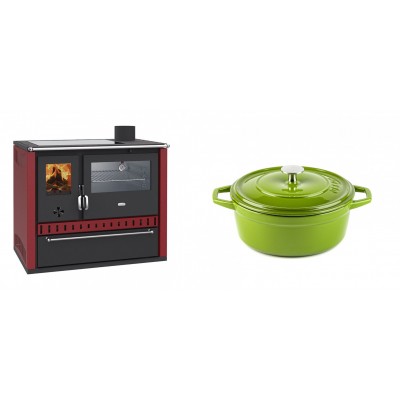 Set Küchenofen / Küchenhexe Prity GT Rot, mit Edelstahl-Backofen, Glaskeramik-Kochfeld und Schublade, 15 kW + Gusseisen Topf Tiefer Solagio, Bamboo, Ф20 - Kaminofen - Holzofen mit Backfach