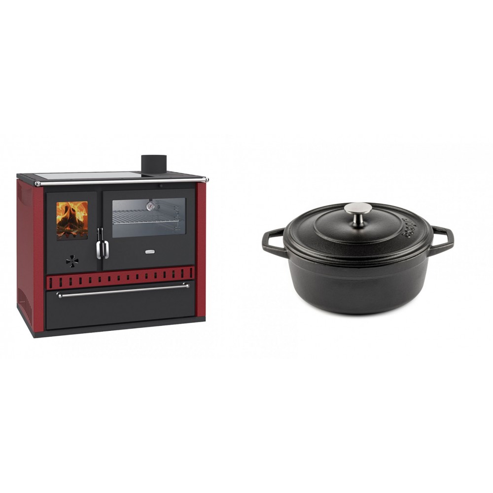 Set Küchenofen / Küchenhexe Prity GT Rot, mit Edelstahl-Backofen, Glaskeramik-Kochfeld und Schublade, 15 kW + Gusseisen Topf Tiefer Solagio, Black Onyx, Ф20