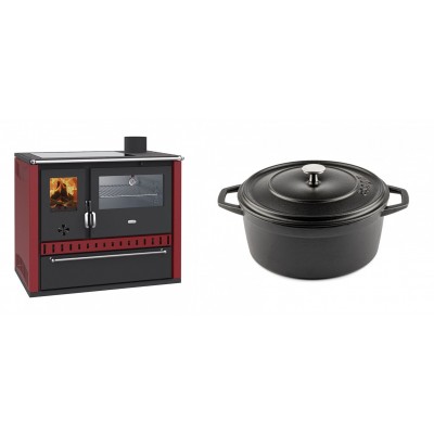 Set Küchenofen / Küchenhexe Prity GT Rot, mit Edelstahl-Backofen, Glaskeramik-Kochfeld und Schublade, 15 kW + Gusseisen Topf Tiefer Solagio, Black Onyx, Ф24 - Kaminofen - Holzofen mit Backfach