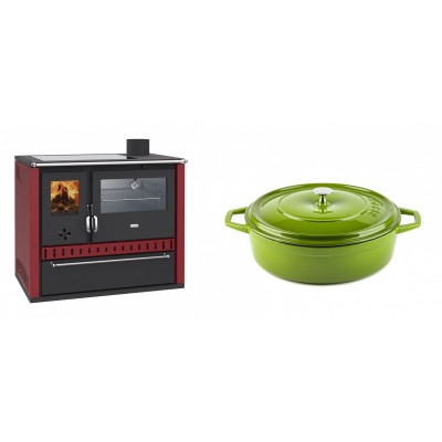 Set Küchenofen / Küchenhexe Prity GT Rot, mit Edelstahl-Backofen, Glaskeramik-Kochfeld und Schublade, 15 kW + Gusseisen Topf Flach Solagio, Bamboo, Ф26 - Kaminofen - Holzofen mit Backfach