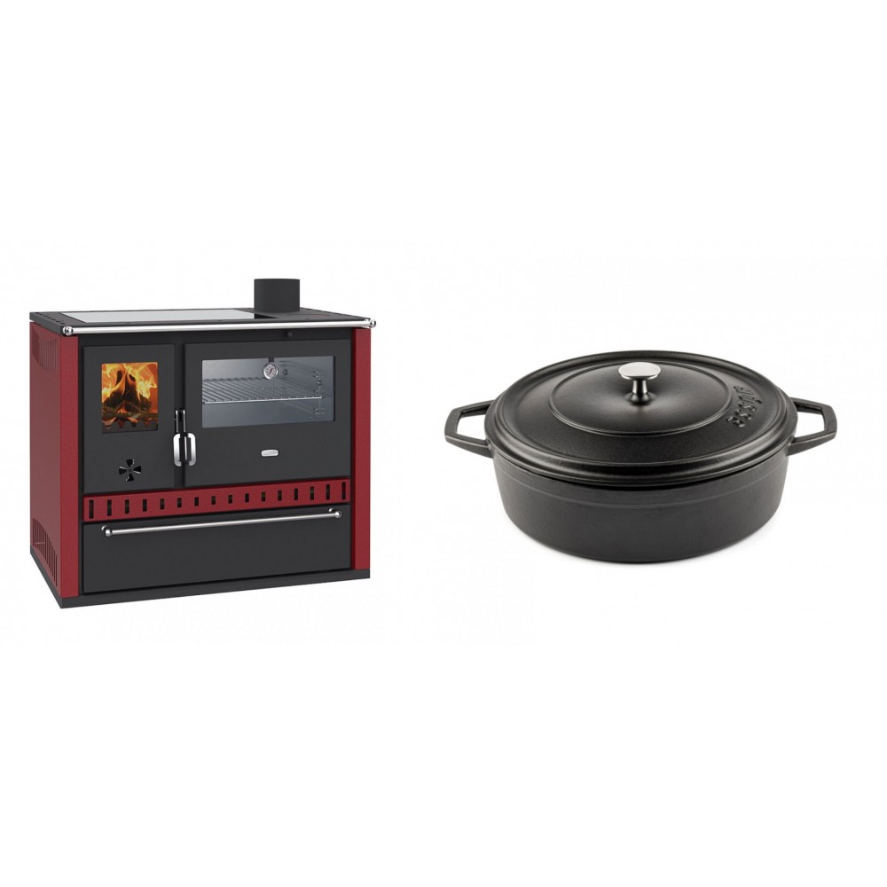 Set Küchenofen / Küchenhexe Prity GT Rot, mit Edelstahl-Backofen, Glaskeramik-Kochfeld und Schublade, 15 kW + Gusseisen Topf Flach Solagio, Black Onyx, Ф26