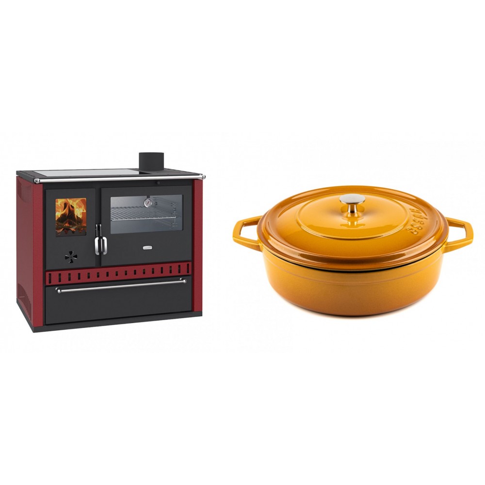 Set Küchenofen / Küchenhexe Prity GT Rot, mit Edelstahl-Backofen, Glaskeramik-Kochfeld und Schublade, 15 kW + Gusseisen Topf Flach Solagio, Dijon, Ф28