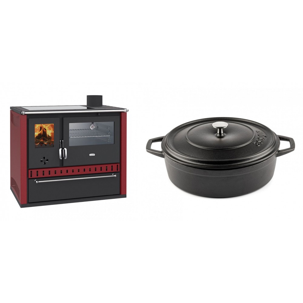 Set Küchenofen / Küchenhexe Prity GT Rot, mit Edelstahl-Backofen, Glaskeramik-Kochfeld und Schublade, 15 kW + Gusseisen Topf Flach Solagio, Black Onyx, Ф28