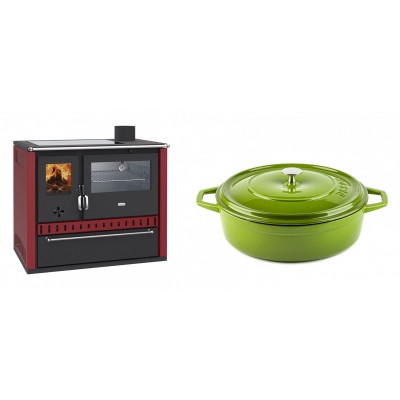 Set Küchenofen / Küchenhexe Prity GT Rot, mit Edelstahl-Backofen, Glaskeramik-Kochfeld und Schublade, 15 kW + Gusseisen Topf Flach Solagio, Bamboo, Ф28 - Kaminofen - Holzofen mit Backfach