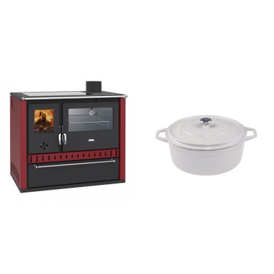 Set Küchenofen / Küchenhexe Prity GT Rot, mit Edelstahl-Backofen, Glaskeramik-Kochfeld und Schublade, 15 kW + Gusseisen Topf Tiefer Solagio, Ivory, Ф20 - Kaminofen - Holzofen mit Backfach
