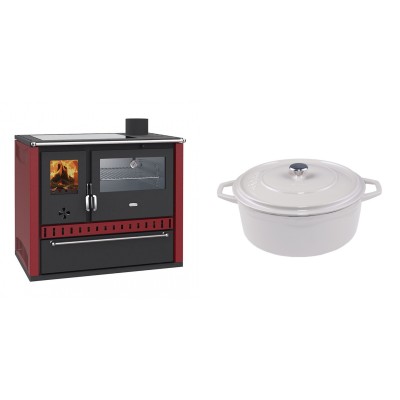 Set Küchenofen / Küchenhexe Prity GT Rot, mit Edelstahl-Backofen, Glaskeramik-Kochfeld und Schublade, 15 kW + Gusseisen Topf Tiefer Solagio, Ivory, Ф24 - Kaminofen - Holzofen mit Backfach