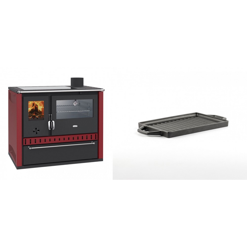 Set Küchenofen / Küchenhexe Prity GT Rot, mit Edelstahl-Backofen, Glaskeramik-Kochfeld und Schublade, 15 kW + Mini-Grillplatte aus Gusseisen Solagio, 15.5x22.5cm