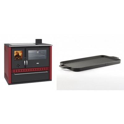 Set Küchenofen / Küchenhexe Prity GT Rot, mit Edelstahl-Backofen, Glaskeramik-Kochfeld und Schublade, 15 kW + Große Grillplatte aus Gusseisen Solagio, 25x44cm - Kaminofen - Holzofen mit Backfach