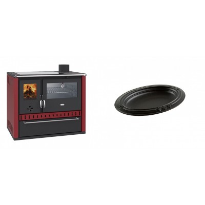 Set Küchenofen / Küchenhexe Prity GT Rot, mit Edelstahl-Backofen, Glaskeramik-Kochfeld und Schublade, 15 kW + Gusseiserne auflaufform Solagio oval, 25x33cm - Kaminofen - Holzofen mit Backfach