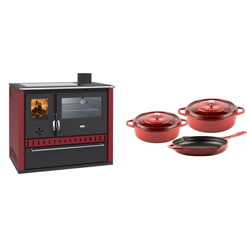 Set Küchenofen / Küchenhexe Prity GT Rot, mit Edelstahl-Backofen, Glaskeramik-Kochfeld und Schublade, 15 kW + Gusseisen Topf Set aus 3 teilen Solagio, Rubin | Kaminofen - Holzofen mit Backfach | Kaminofen |