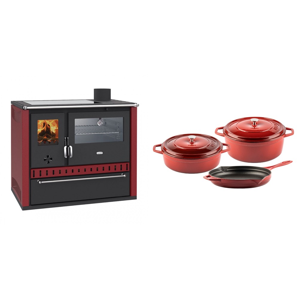 Set Küchenofen / Küchenhexe Prity GT Rot, mit Edelstahl-Backofen, Glaskeramik-Kochfeld und Schublade, 15 kW + Gusseisen Topf Set aus 3 teilen Solagio, Rubin