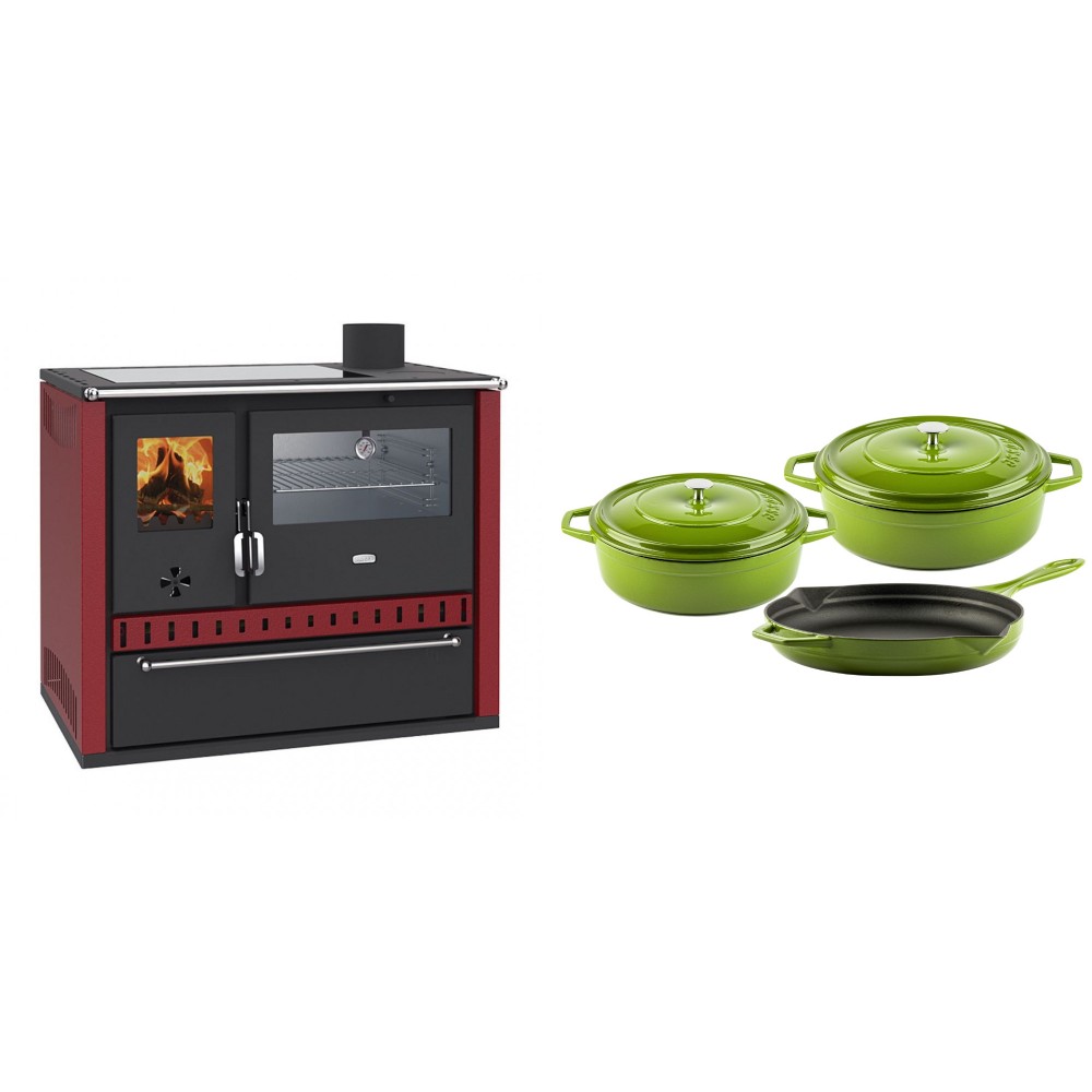 Set Küchenofen / Küchenhexe Prity GT Rot, mit Edelstahl-Backofen, Glaskeramik-Kochfeld und Schublade, 15 kW + Gusseisen Topf Set aus 3 teilen Solagio, Bamboo