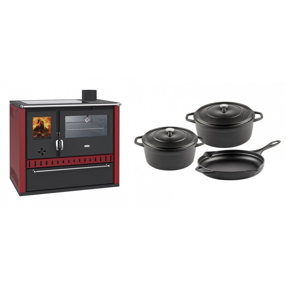 Set Küchenofen / Küchenhexe Prity GT Rot, mit Edelstahl-Backofen, Glaskeramik-Kochfeld und Schublade, 15 kW + Gusseisen Topf Set aus 3 teilen Solagio, Black Onyx | Kaminofen - Holzofen mit Backfach | Kaminofen |
