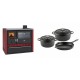 Set Küchenofen / Küchenhexe Prity GT Rot, mit Edelstahl-Backofen, Glaskeramik-Kochfeld und Schublade, 15 kW + Gusseisen Topf Set aus 3 teilen Solagio, Black Onyx | Kaminofen - Holzofen mit Backfach | Kaminofen |
