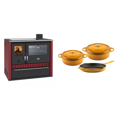Set Küchenofen / Küchenhexe Prity GT Rot, mit Edelstahl-Backofen, Glaskeramik-Kochfeld und Schublade, 15 kW + Gusseisen Topf Set aus 3 teilen Solagio, Dijon - Kaminofen - Holzofen mit Backfach