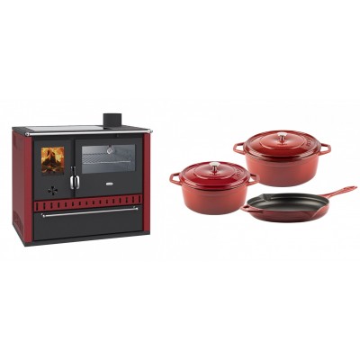 Set Küchenofen / Küchenhexe Prity GT Rot, mit Edelstahl-Backofen, Glaskeramik-Kochfeld und Schublade, 15 kW + Gusseisen Topf Set aus 3 teilen Solagio, Rubin - Kaminofen - Holzofen mit Backfach